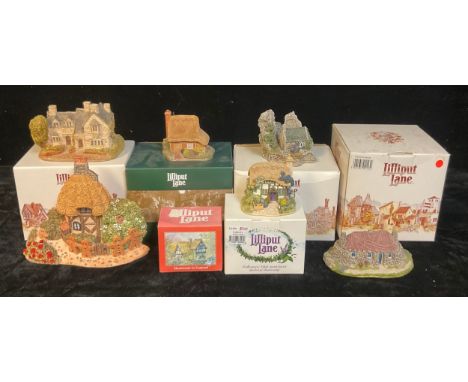 A Lilliput Lane model, Aberford Gate, boxed; others, Moreton Manor, Jack's Corner, Tea Caddy Cottage, Dormouse Cottage, Strad