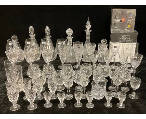 A cut glass decanter, five others cut glass and moulded; four Royal Doulton white wine glasses, pair of champagne flutes and 