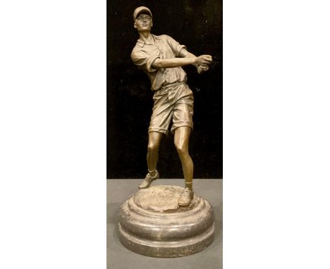 A bronze figure of a golfer, after Milo, lacking club, 33.5cm high 