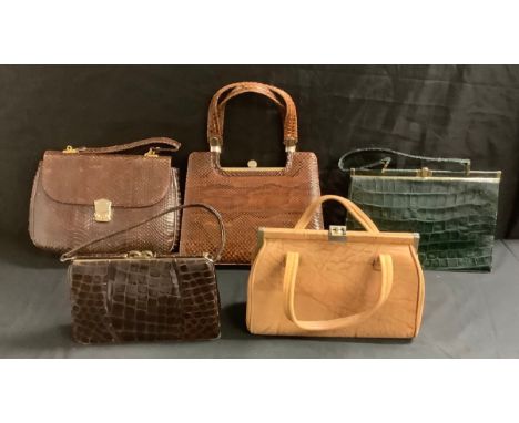 A lady's crocodile handbag, others; a beadwork handbag; a tapestry evening purse; summer occasion hats in a Jessops box; 