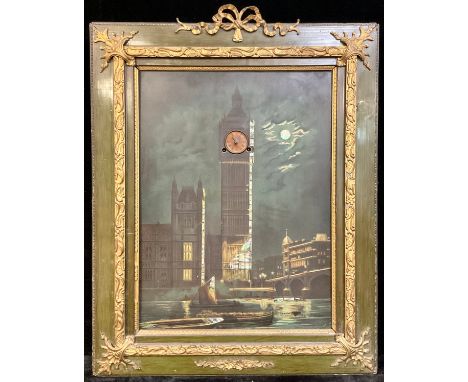 A 19th century novelty papier mache 'automaton' musical clock, the panel with a view of the Houses of Parliament overlooking 