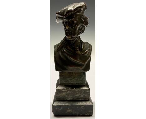 German School (19th century), a dark patinated bronze, of composer Richard Wagner (1813 - 1883), steeped verde antico marble 
