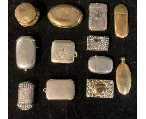 A 19th century brass miner's snuff box; a combination vesta and sovereign case; a brass scent bottle; various silver plated v