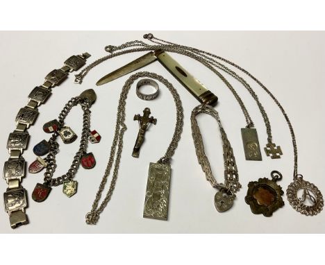 A William IV silver and mother-of-pearl fruit knife, Sheffield 1830; silver jewellery, bracelets, pendants, friendship ring B