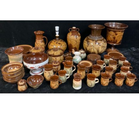 Skegness Pottery - a large vase, 35cm, pedestal vase, lamp base, fruit bowl, casserole dish, dinner plates, bowls, tall coffe