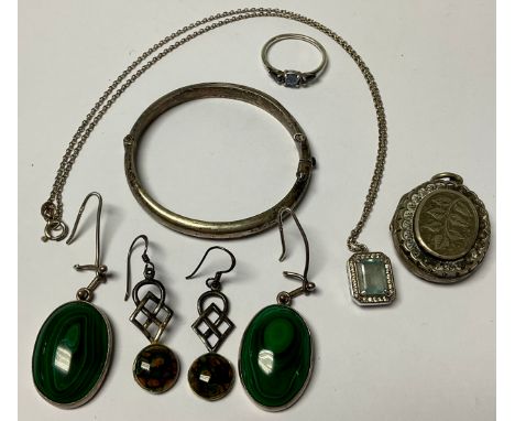 A pair of silver and malachite earrings; Celtic earrings; a silver bangle; pendant; etc 