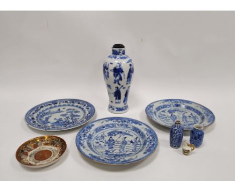 Collection of Chinese and Japanese porcelain and other items comprising a baluster blue and white vase adapted as a lamp, fou