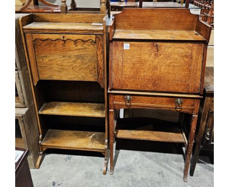 Early 20th century oak fall-front bachelor's bureau opening to reveal assorted pigeonholes and a single drawer, raised over a