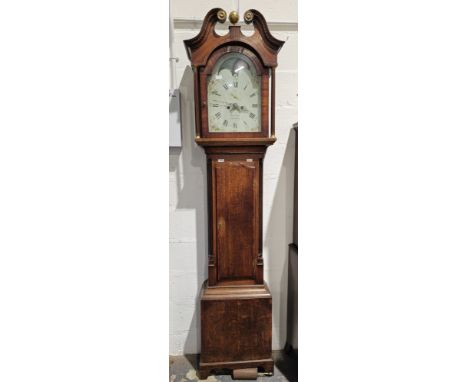 Georgian eight-day longcase clock, the oak and mahogany case flanked by quarter round fluted columns, swan neck pediment hood