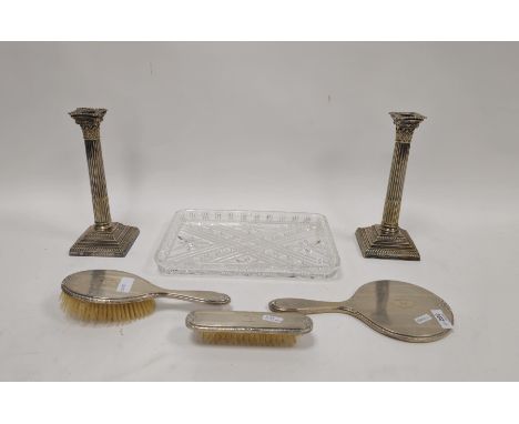 Edwardian silver-plated dressing table set&nbsp;with cut glass tray, each engraved with monogram 'MU' within foliate oval car