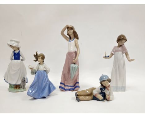 Five Nao porcelain figures, various printed and impressed marks, comprising a tall figure of a lady holding an umbrella, 31cm