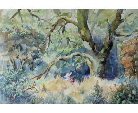 Cynthia Bezance (20th century) Watercolour "The Hat", figure with hat in woodland, signed lower left, framed and glazed, imag