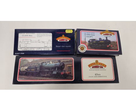 Three Bachmann Branch-line 00 gauge boxed locomotives to include 43xx 2-6-0 locomotive No.4318 and GWR tender in green livery