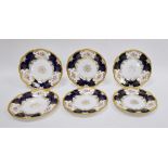Six Coalport blue ground cabinet plates, circa 1900, printed green marks, each printed and painted