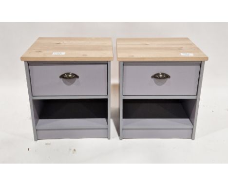 Pair of contemporary grey painted bedside tables, each having a single drawer over a single storage shelf, 52cm high x 48cm w