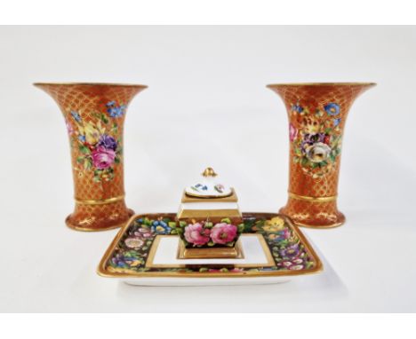 Pair of French porcelain trumpet-shaped vases&nbsp;painted with bouquets of flowers on a gilt scale-pattern burnt orange grou