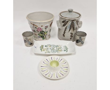 Joe &amp; Trudi Finch stoneware storage jar and cover, 20.5cm high, two small beakers, 8cm high, all with blue flowers and br