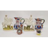 LOT WITHDRAWN Three 19th century Mason's Ironstone Hydra jugs, a pair of Staffordshire pottery