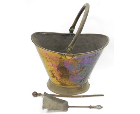 Victorian brass helmet shaped fire bucket&nbsp;with swing handle and&nbsp;assorted fire tools
