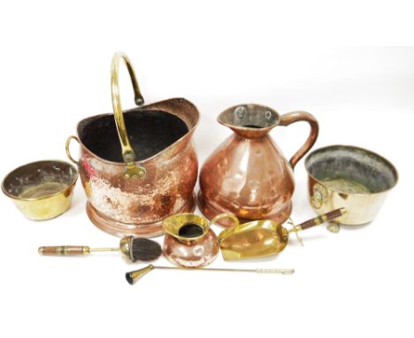 Victorian copper gallon pitcher, a hammered copper shaped oval coal bucket&nbsp;with swing brass handle, assorted brass fire 