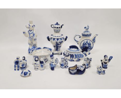 Group of Russian (Ghzel) and other items, all in blue and white, 20th century, including a teapot and cover with cockerel fin