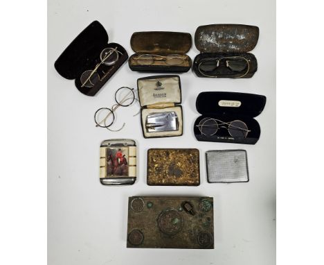 Five pairs of vintage spectacles, in four cases, a mid-century chromed engine-turned cigarette case, an early 20th century Ch