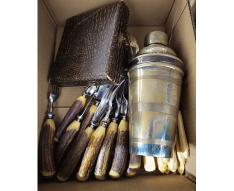 Canteen of EPNS cutlery&nbsp;for 12, stamped K&amp;D, in hinged wooden canteen, a set of antler handled flatware, a mid centu