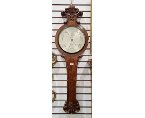 Georgian banjo mercury barometer&nbsp;(tube damaged) by J G Ronchetti, London with 25cm silvered dial, floral carved case, 10