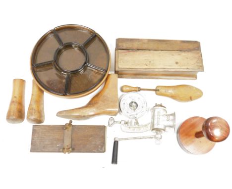 Assorted shoe maker's tools, a wig stand, a wood and press moulded glass hors d'oeuvres set, a 30 National mincer, assorted w