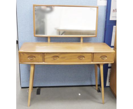 Ercol 'Windsor' range elm dressing table and chair, the rounded rectangular top mounted by rectangular mirror, over three fri