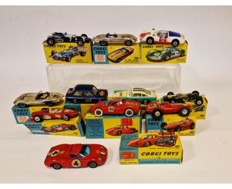 Quantity of playworn Corgi Toys with boxes (flap cut) to include 2 X 312 'E' Type Jaguar competition model, 2 X 314 Ferrari '