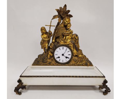 French late 19th century gilt metal marble-mounted mantel clock, surmounted with Mary embracing Christ child and St John hold