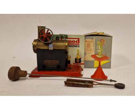 Mamod stationary steam engine&nbsp;on red Meccano base, a Mamod model power press, boxed&nbsp;