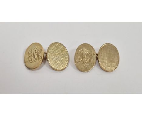 Pair 9ct gold chain-pattern cufflinks, oval and engine-turned and monogrammed, 13.4g total approx.&nbsp;