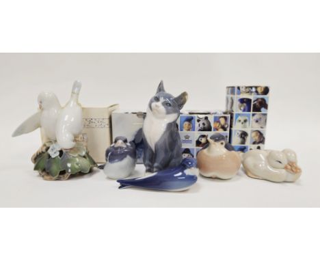 Six Royal Copenhagen porcelain models of animals and birds, printed green factory marks, blue wave marks and various painted 