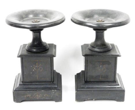 Pair of Victorian slate pedestal tazzas on stands, each cup-shaped tazza supported on a square section pedestal base, engrave