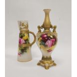 Royal Worcester blush ivory ground baluster two-handled vase with dolphin handles, raised on