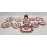 Royal Crown Derby bone china claret ground square section jar and cover, 20th century, printed green
