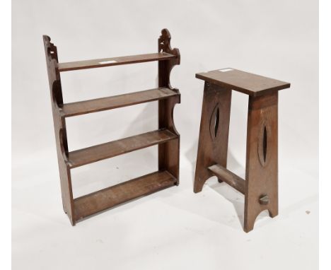 20th century oak Arts &amp; Crafts-style stool, 68cm high and a four-tier oak wall-hanging shelf&nbsp;(2)&nbsp;