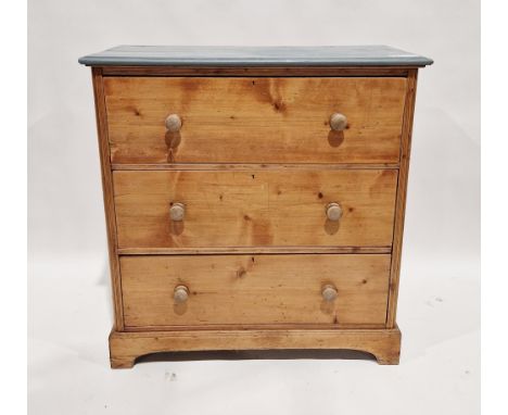 Victorian pine chest of drawers&nbsp;with grey painted top, comprising three long drawers with turned wooden handles, on brac