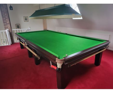 Burroughs and Watts Rigidus frame full size snooker table, stained oak with steel block professional play cushions, green bai