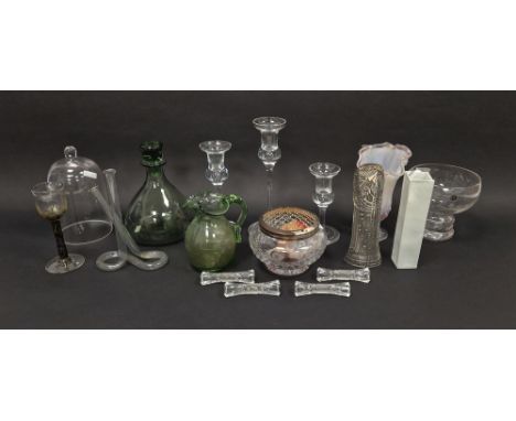 Group of assorted flower vases, candlesticks&nbsp;and other items&nbsp;including a pink carnival glass frill-shaped vase, a w