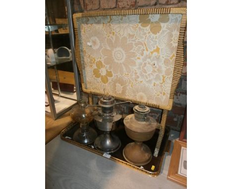 3 oil lamp bases and a folding tea tray