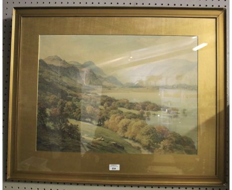After Sutton Palmer (1854-1933), a print of The Gates of Borrowdale, Derwent Water. In giltwood frame, titled and labelled ve