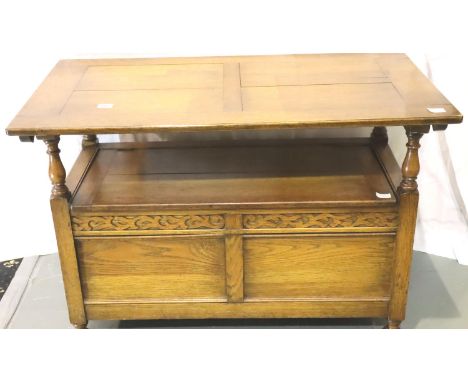 Oak monks bench with lifting lid, 106 x 51 x 103 cm H. Not available for in-house P&amp;P, contact Paul O'Hea at Mailboxes on