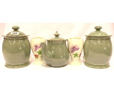 Denby teapot, two Denby jars with two Radford vases. P&amp;P Group 3 (£25+VAT for the first lot and £5+VAT for subsequent lot