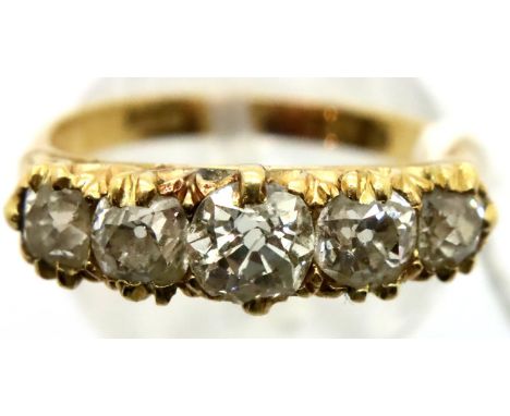 Victorian 18ct five-stone diamond set ring, size O. Birmingham 1882, 3.8g. P&amp;P Group 1 (£14+VAT for the first lot and £1+