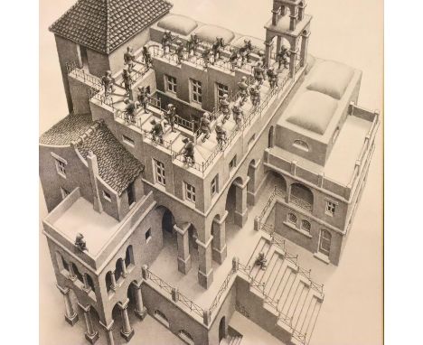 M C ESCHER; monochrome lithograph, Ascending And Descending, after the 1983 Bookplate Collection, visible part of print measu