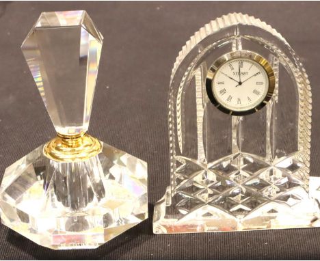A Stuart Crystal clock signed to base and an Art Deco style scent bottle. P&amp;P Group 3 (£25+VAT for the first lot and £5+V