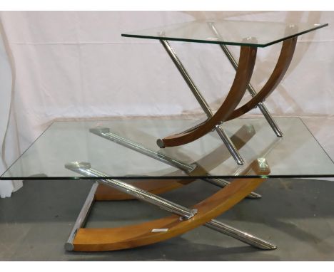 X-Frame glass top coffee table, 125 x 70 x 39 cm H, and matching lamp table 60 x 60 x 47 cm. Not available for in-house P&amp